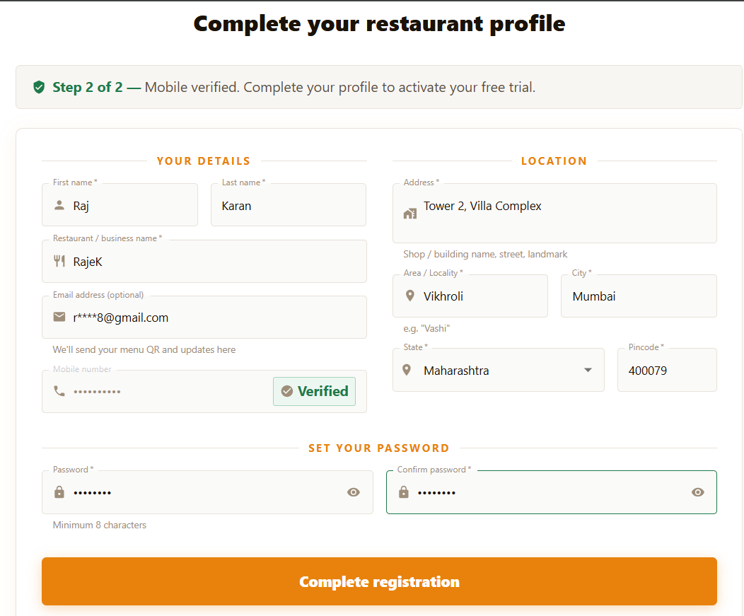 Complete your profile screen