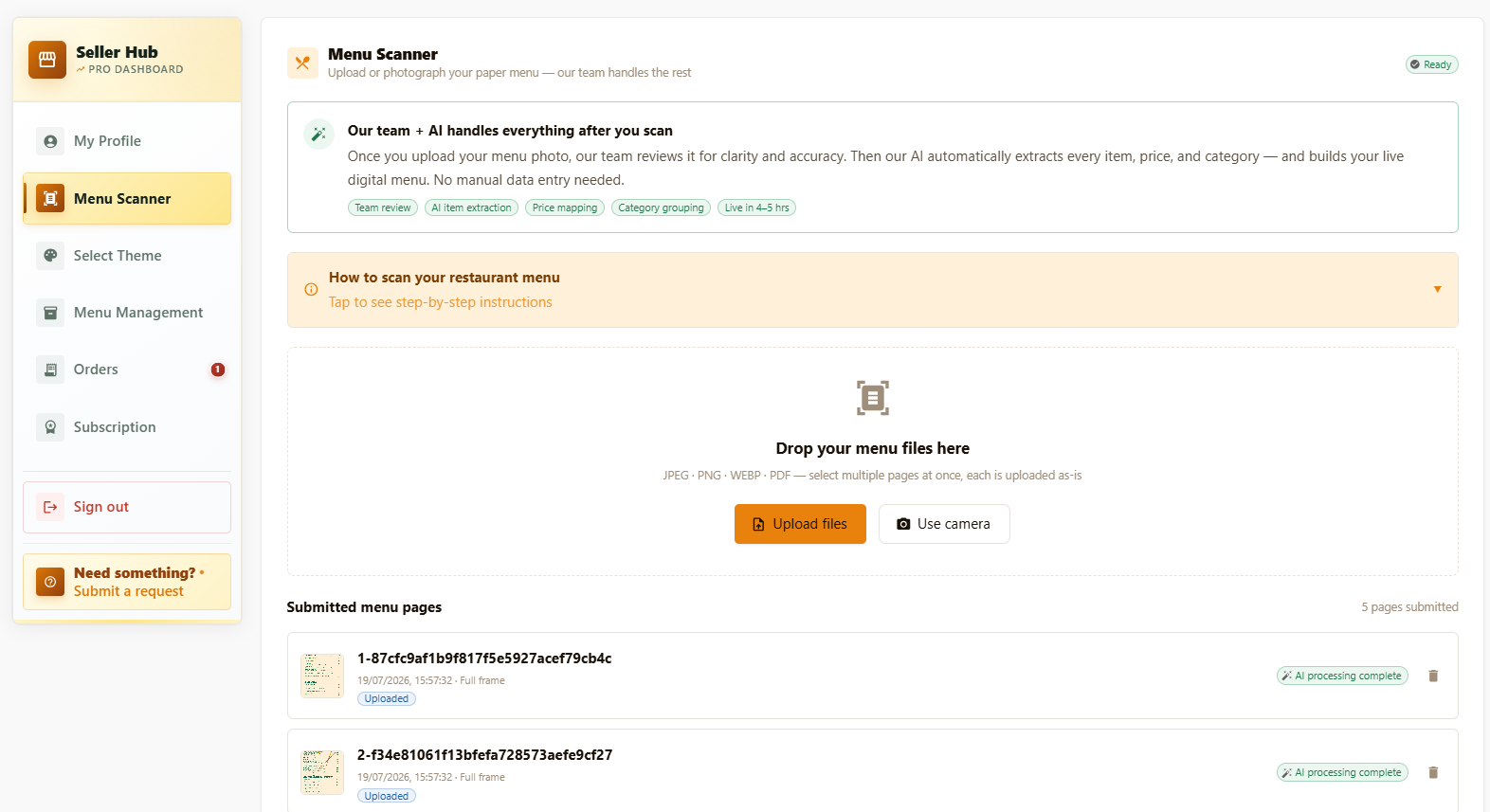 Upload images or a PDF — that's it screen